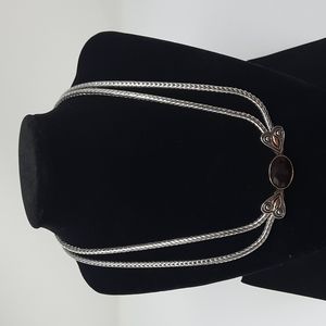 Silver Tone Necklace with red stone and hearts